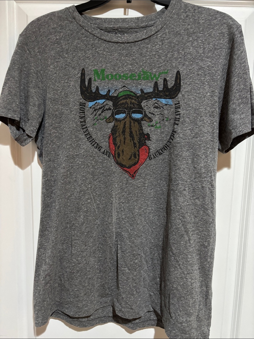 Moosejaw Gray Short Sleeve Graphic Tee with Multicolor Moose Design